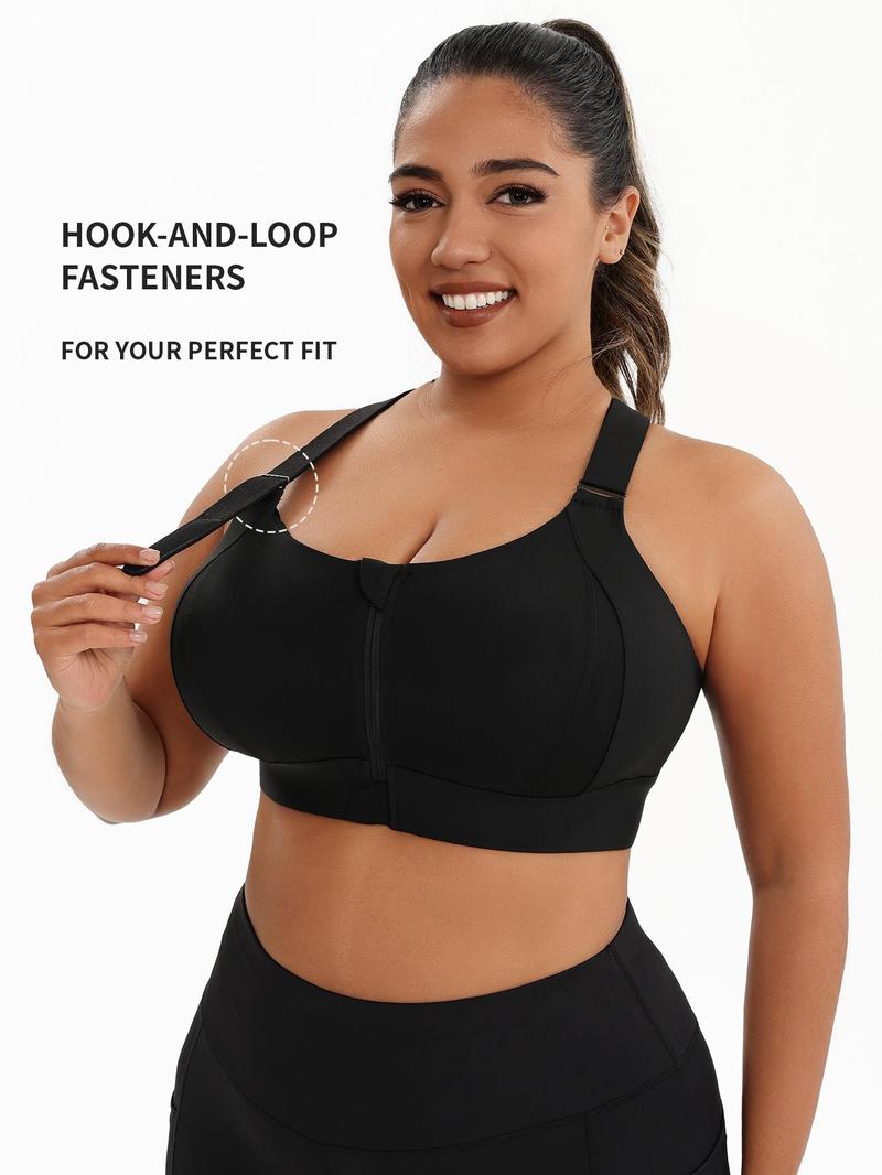 【Plus Size】 Criss Cross Zipper Front Wireless Sports Bra, Solid Adjustable Strap High Stretch Yoga Bra, Women's Sport Clothing for Indoor Outdoor Wear