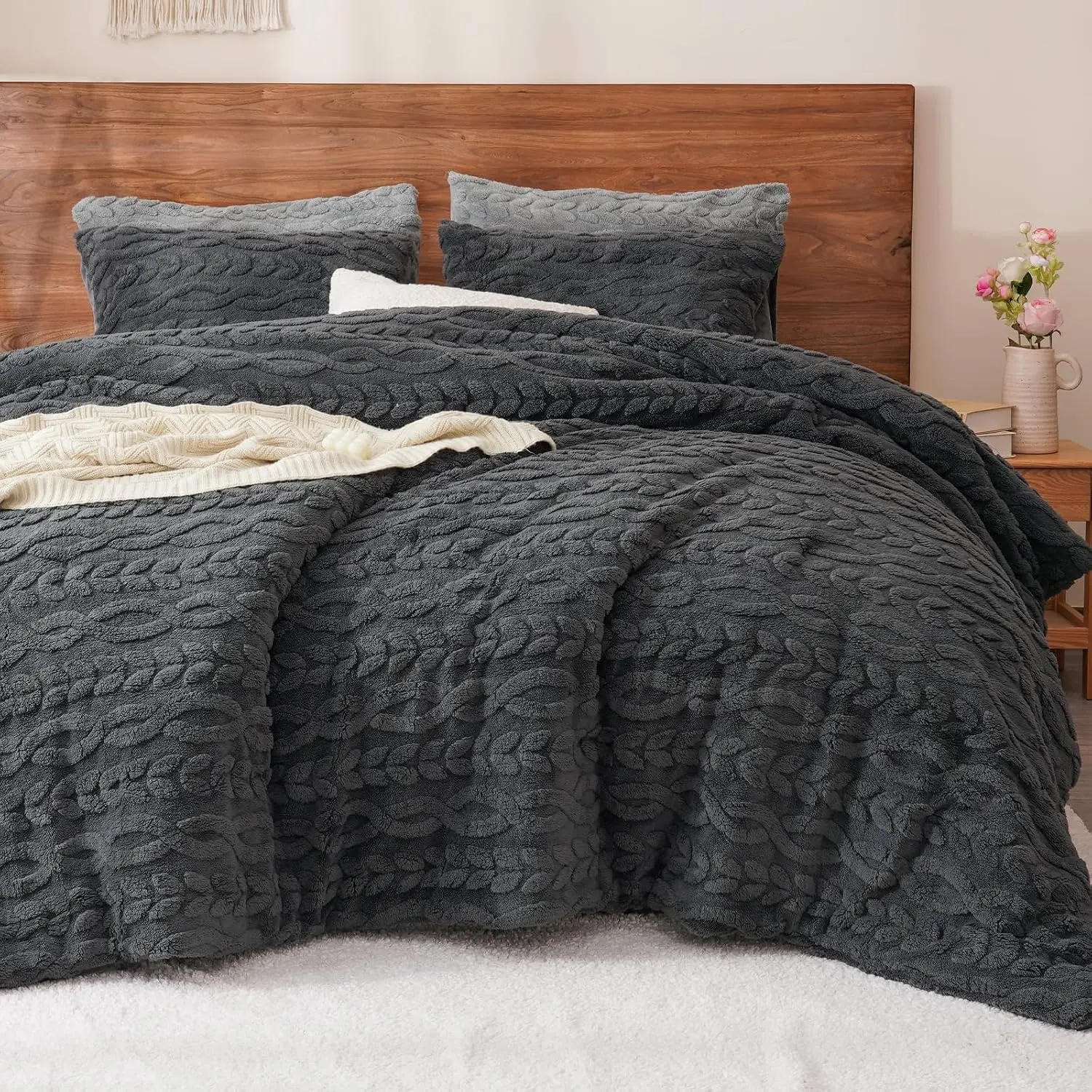 Sherpa Fleece  Comforter Set, 3 count Warm Fuzzy Soft Bedding for Winter,  Tufted Flannel Plush Shaggy Bed Set, 1 Comforter (90"x90") and 2 Pillowcases (20"x26"), Dark Grey