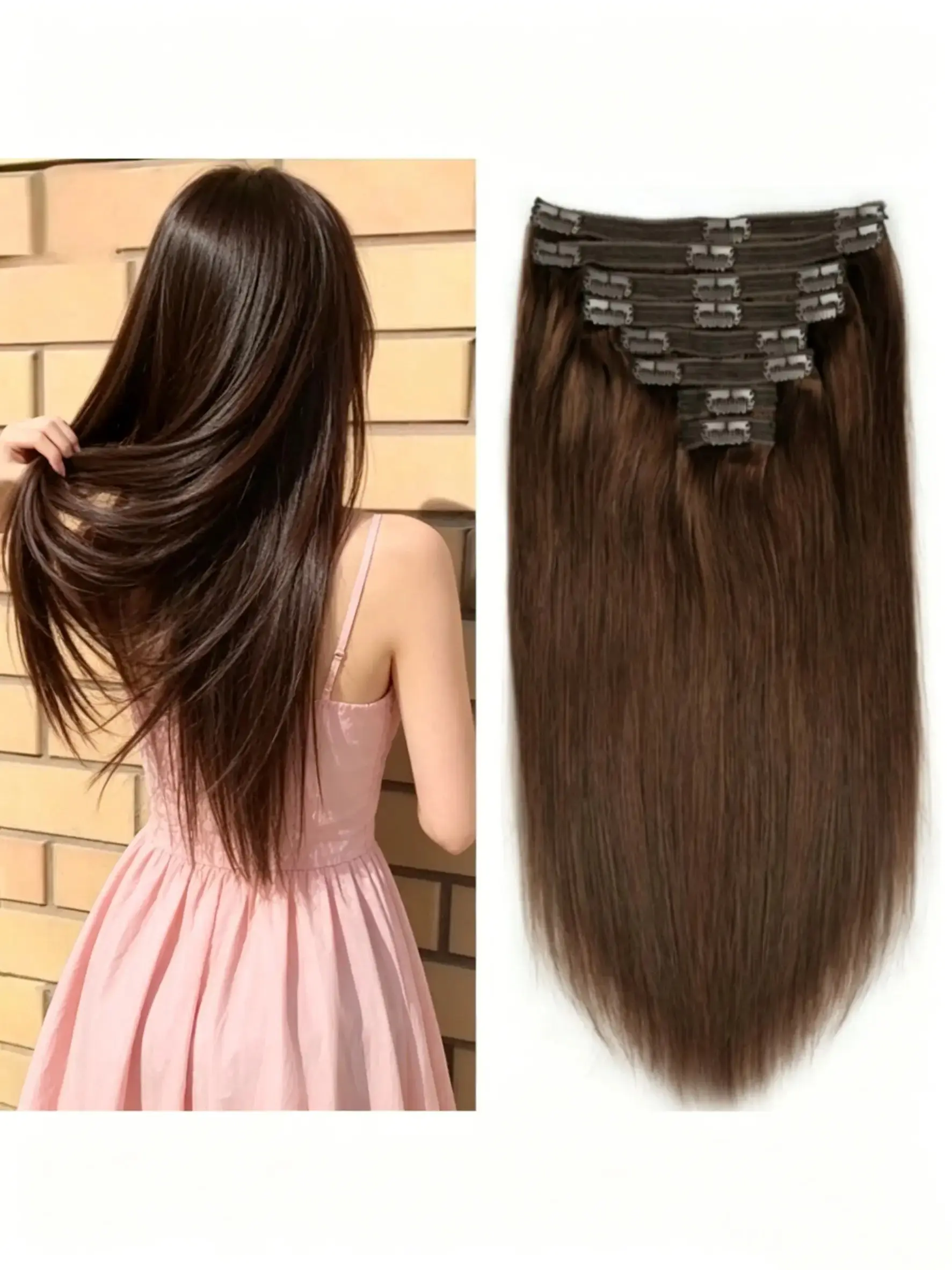 Chocolate Brown Straight Clip In Human Hair Extensions for Women 14–28 Inch 110g–130g Set 8 PCS Double Weft with 18 Clips Soft Natural Volume Real Hair Extensions