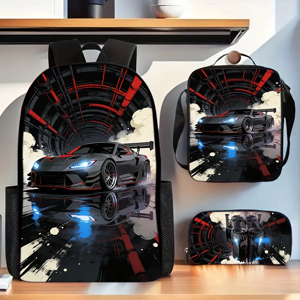 3pcs Cool Racing Car Tunnel Graphic Backpack Set for Teenager Boys School Travel# backto school# Backpack set# school gifts# girls gifts#   boys gifts# birthday gifts, 17in Bookpack