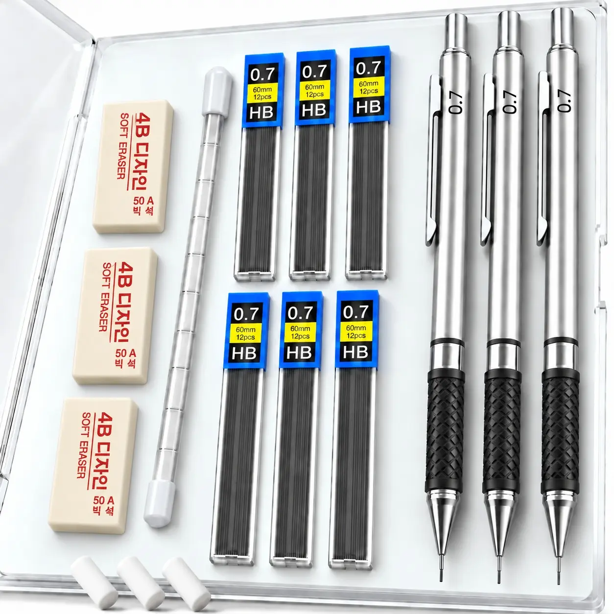 0.3/0.7/0.7/0.9mm Metal Automatic Pencil Set, 3 Pens, 6 Boxes Hb Leads, 3 Blue Erasers, Office Writing Supplies, Teacher Gifts