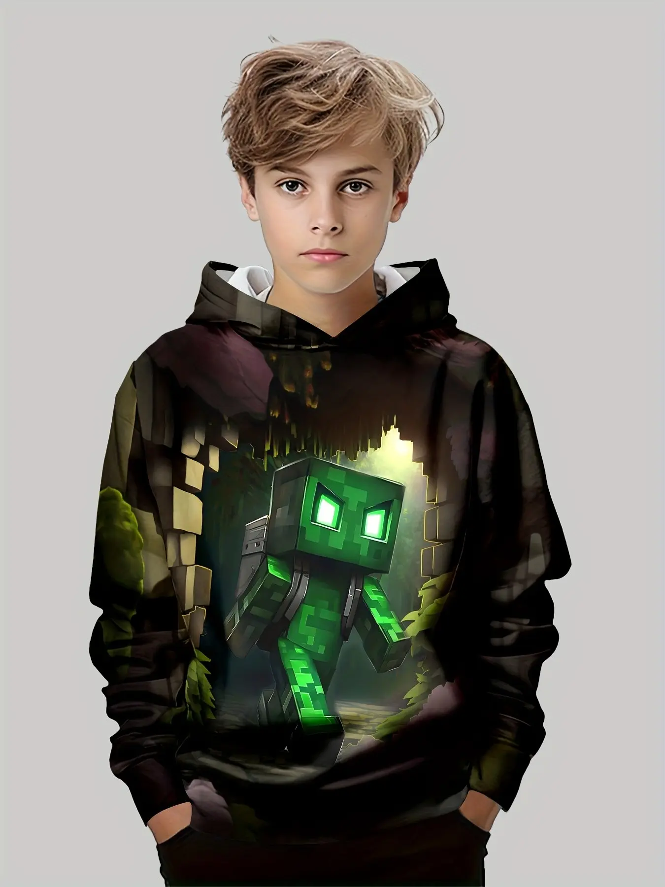 Sweatshirt Pixel Block Game Character 3D Full Print Hoodie, Fun Gaming Theme Pullover, Boys' Loose Fit Casual Outerwear