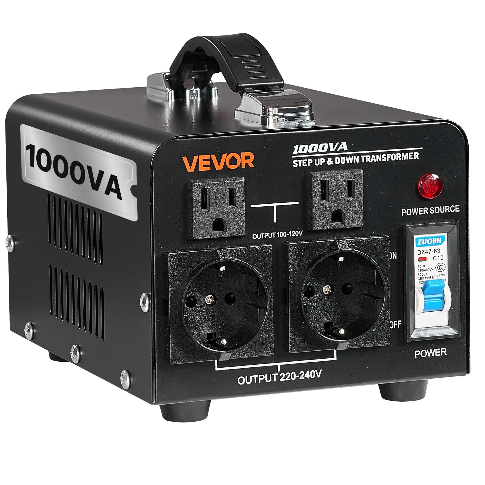VEVOR Heavy Duty Step Up-Down Voltage Converter Transformer, 1000VA, 110V to 220V & 220V to 110V Power Transformer with US Outlets, EU Outlets, Power Cord, Circuit Breaker Protection