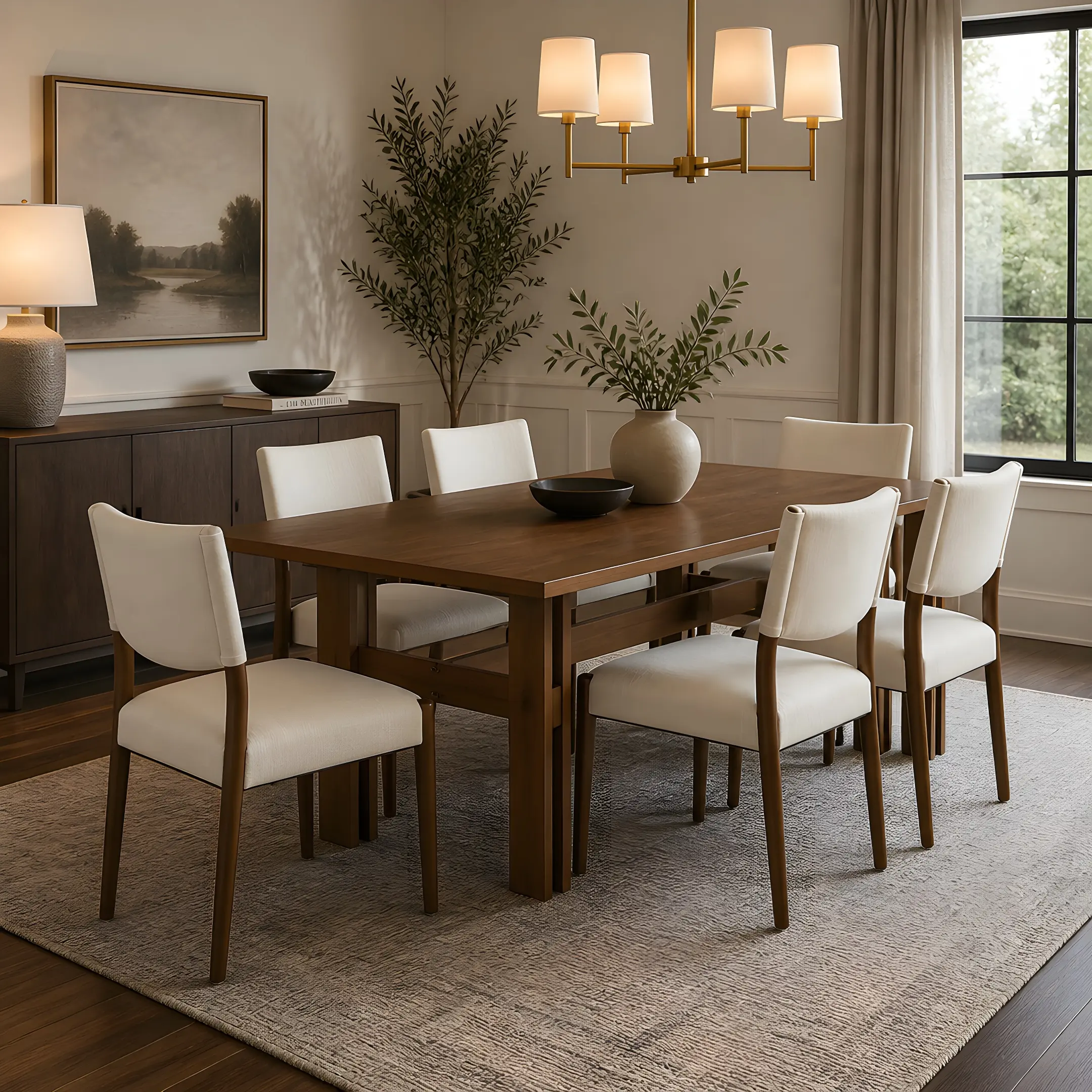 Nokaa 7-Piece Dining Set for 6, 71" Solid Wood Kitchen Table with 6 Upholstered Chairs, Rustic Farmhouse Dining Room Furniture, Walnut Finish, Beige Linen Fabric, Seats 6, for Dining Room Kitchen