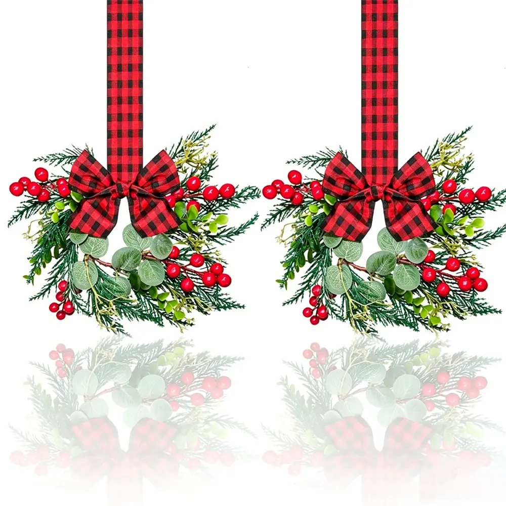 2 Small Christmas Wreaths, 12 Inch Kitchen Mini Cabinet Wreath, Berry Window Wreath with Ribbon Bow, Christmas Doorway Wall Decor