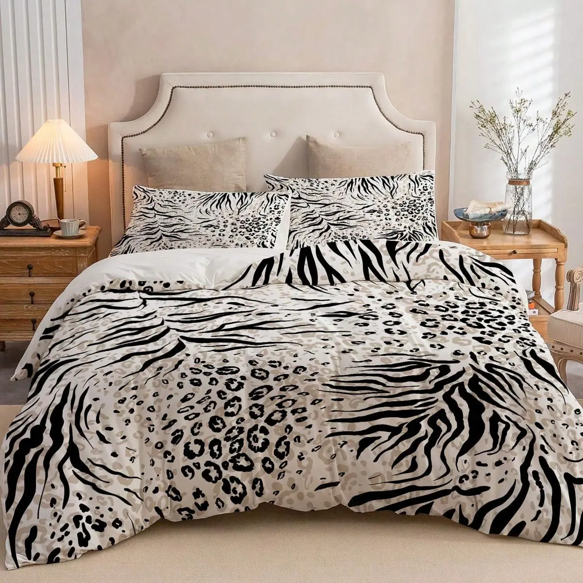 Zebra & Leopard Print Bedding Set, Modern Animal Pattern, 1 Duvet Cover + 2 Pillowcases, Neutral Luxury Bed Linen, Comfy Bedding Set, Multiple Sizes Available