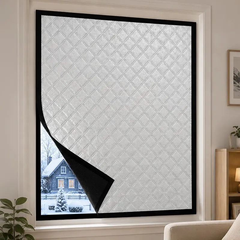 Self-Adhesive Thermal Window Curtain Kit, Silver Quilted Insulated Draft Blocker, Blackout Noise Reducing Winter Window Cover, No Drill Roll-Up Design