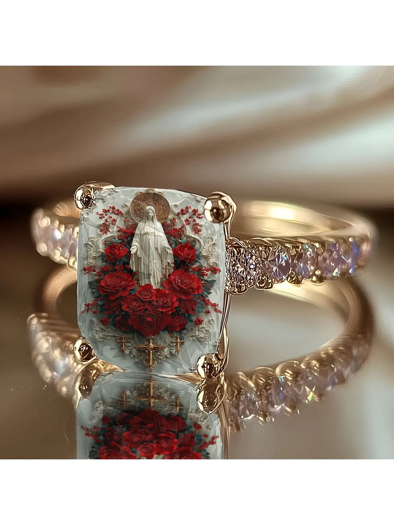 Red rose spiritized Madonna relief ring, luxurious diamond-set ring body, retro three-dimensional relief craftsmanship, European religious style, symbolizing the protection and grace of the Madonna