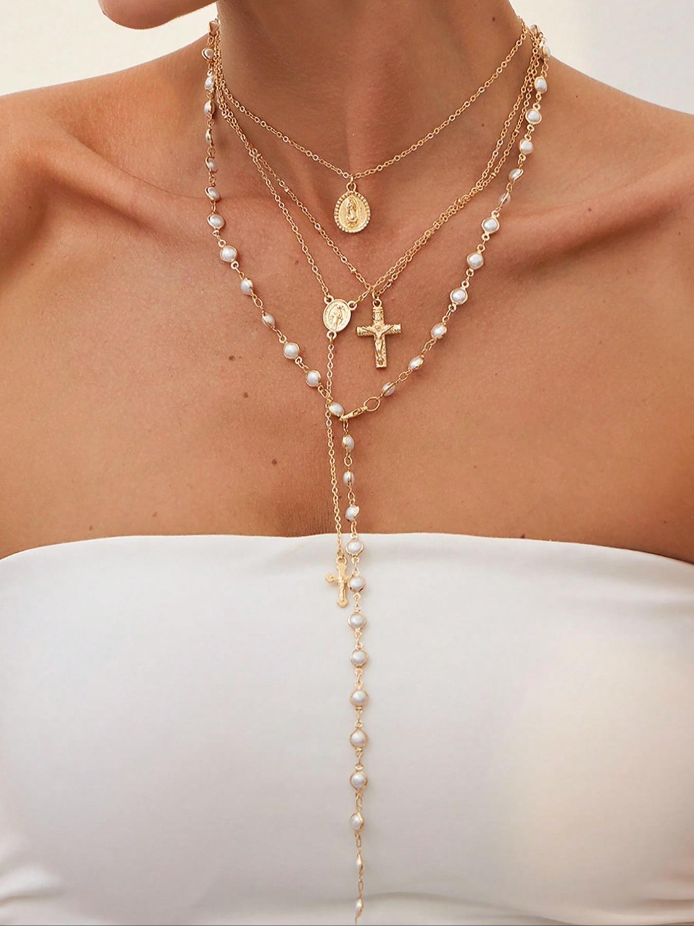 4 Piece Vintage Metal Jesus Cross Y-Style Long Necklace Set, Stunning Bohemian Colorful Crystal Pendant for Women, Perfect for Everyday and Vacation Wear, Layered Necklaces