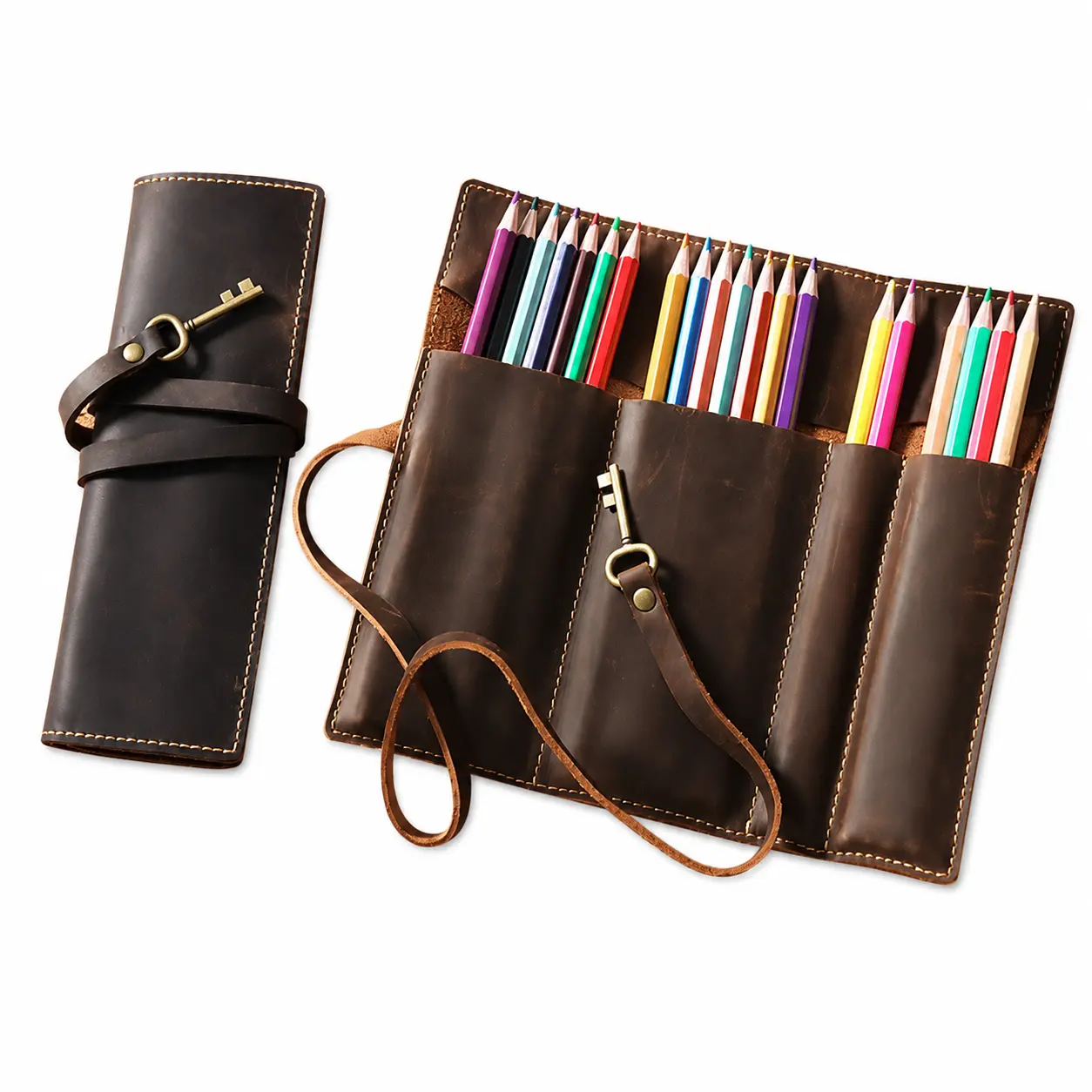 Premium Retro-Style PU Leather Roll-Up Pencil Case - Multi-Compartment Stationary Org for Pens, Pencils, Office Supplies, Durable Organizer for Students, Gift-Giving