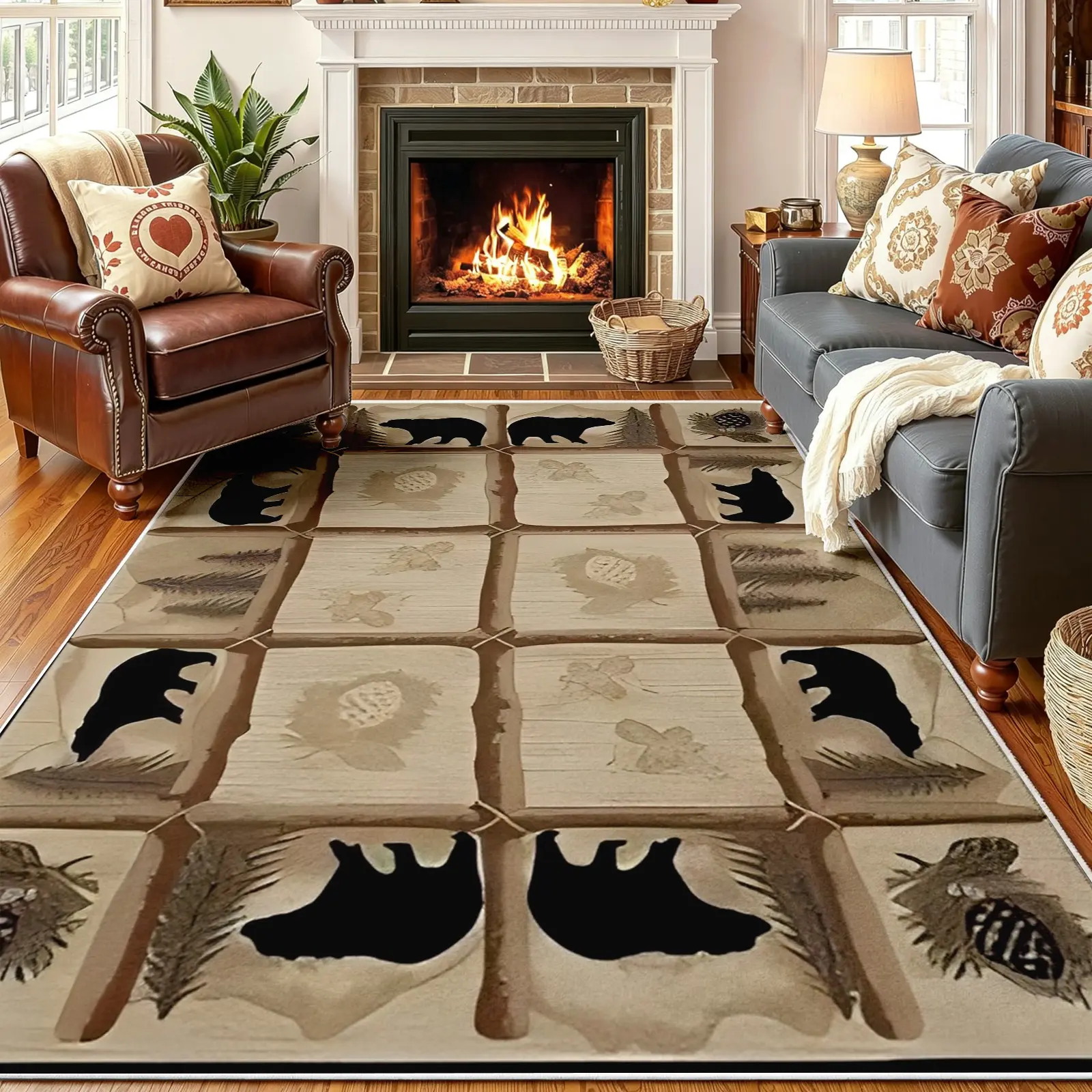 1PC Rustic Lodge Wildlife Area Rug, Brown Grid with Black Bear Silhouette Carpet, Soft, Non-Slip, Machine-Washable Floor Covering, Stain-Resistant, Low-Pile Rug, Aesthetic Decor for Living Room and Bedroom (Various Sizes)