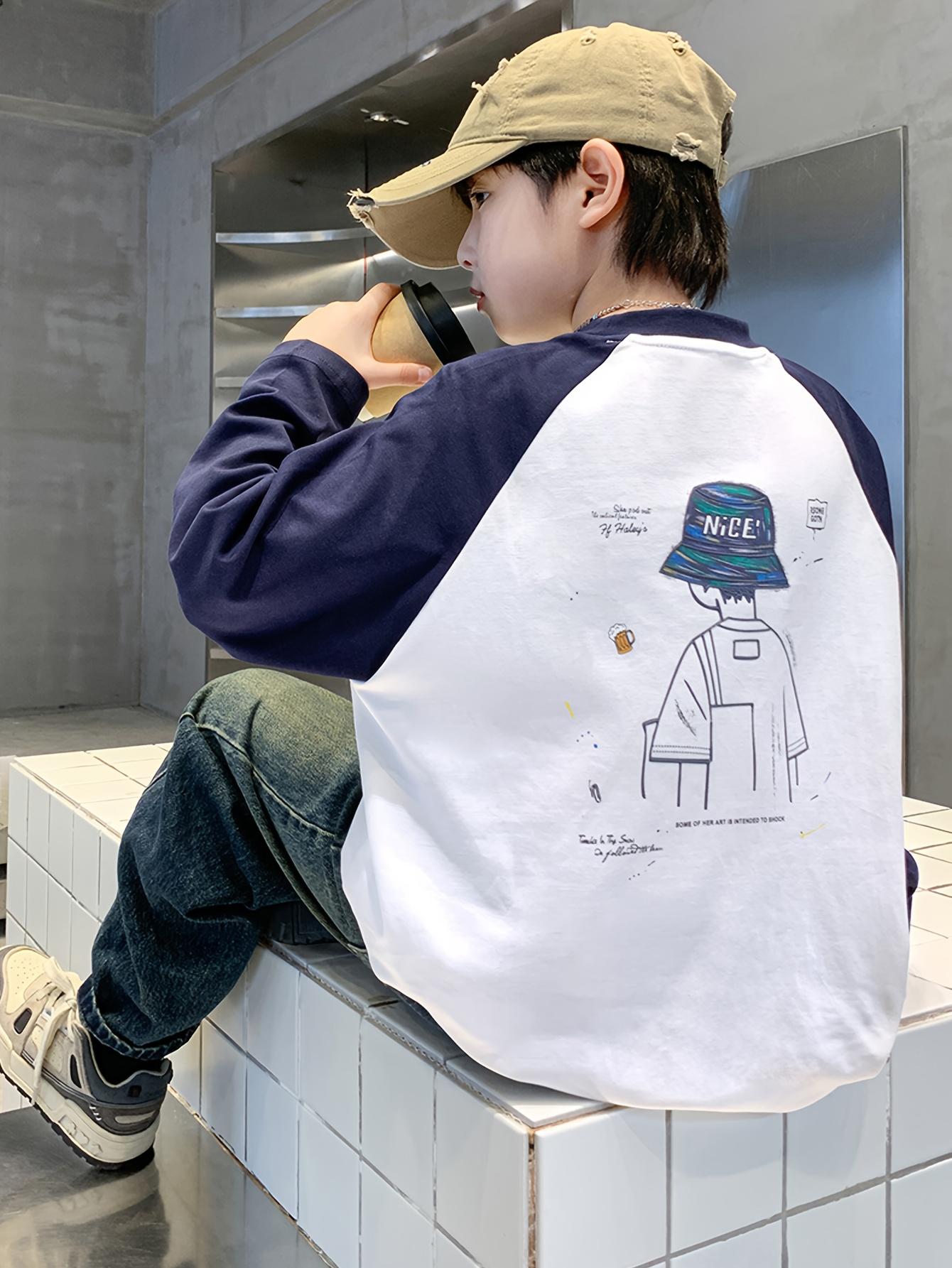 Boys' Long Sleeve T-Shirt with Contrast Color Block & Raglan Sleeves - Oversized H-Line Fit, Round Neck Casual Shirt for Spring/Fall Layering, & Outdoor Play - Easy-Care Kids' Top (White/Black/Navy)(Gift)11