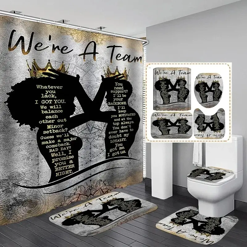 African American Print Shower Curtain Set with Non-Slip Bath Mat, Romantic Couple & Black Queen Luxury Gold Crown Mandala Flower Design, Washable Bathroom Decor with Toilet Cover, Photo