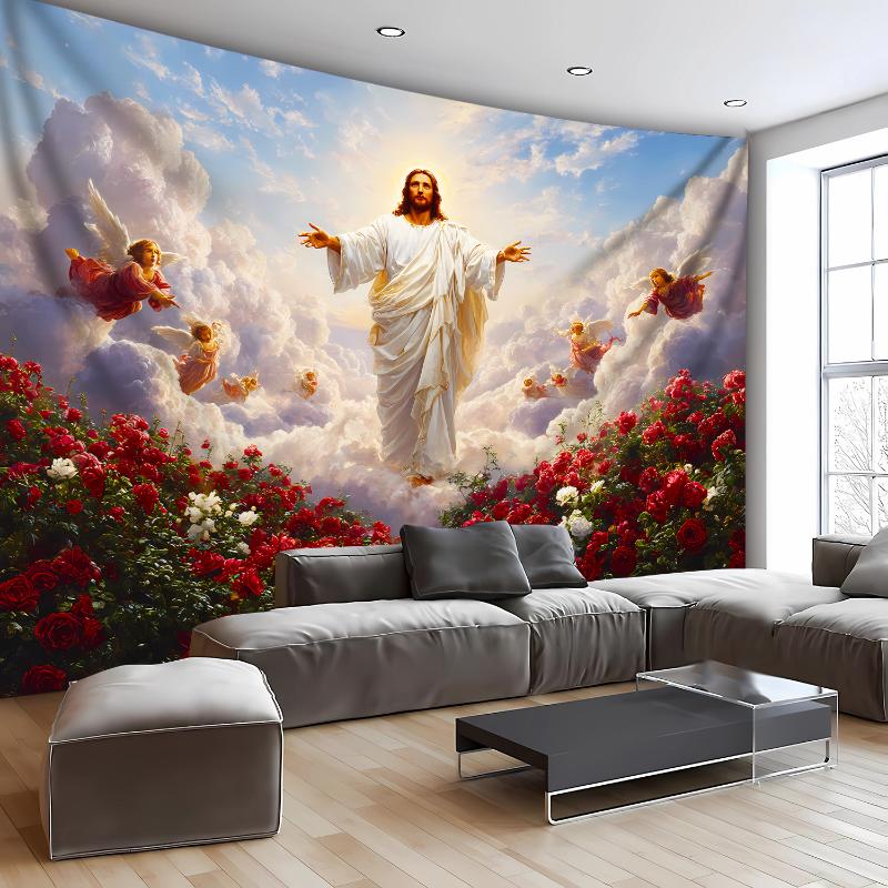 1pc Extra Large Sacred Jesus Rose Garden Polyester Peach Skin Velvet Tapestry - HD Animal Print, 95g/sqm Uncorded Horizontal Faith Artwork, Religion Wall Hanging for Living Room Indoor Home Decor, Synthetic