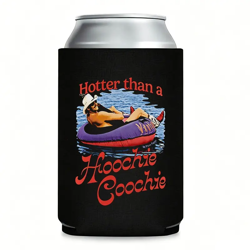 "Hotter Than a Hoochie Coochie" Insulated Can Cooler Koozie Lightweight | Thermocooler for 12 oz Cans | Funny Design Summer Party Favor, BBQ Gift for Music Lovers,  Beach Tailgating