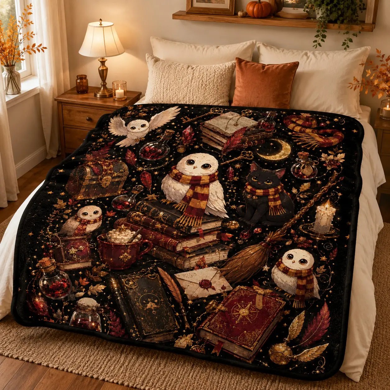 Flannel Throw Blanket, Magical Academy Owl and Black Cat Theme, Vintage Dark Fantasy Style with Moon, Spell Books, Potion Bottles and Treasure Chest, Soft Cozy Warm Machine Washable Blanket for Bed, Sofa, Dorm, Travel, Camping and Holiday Gifts