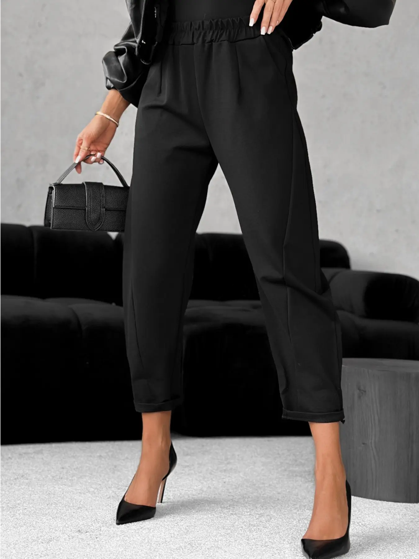 Women's Spring Fall Basic Solid Color Fashion Commuter Capri Pants, Pocket Design, Casual Stretch Waist Long Pants, Ideal for Work and Daily Wear
