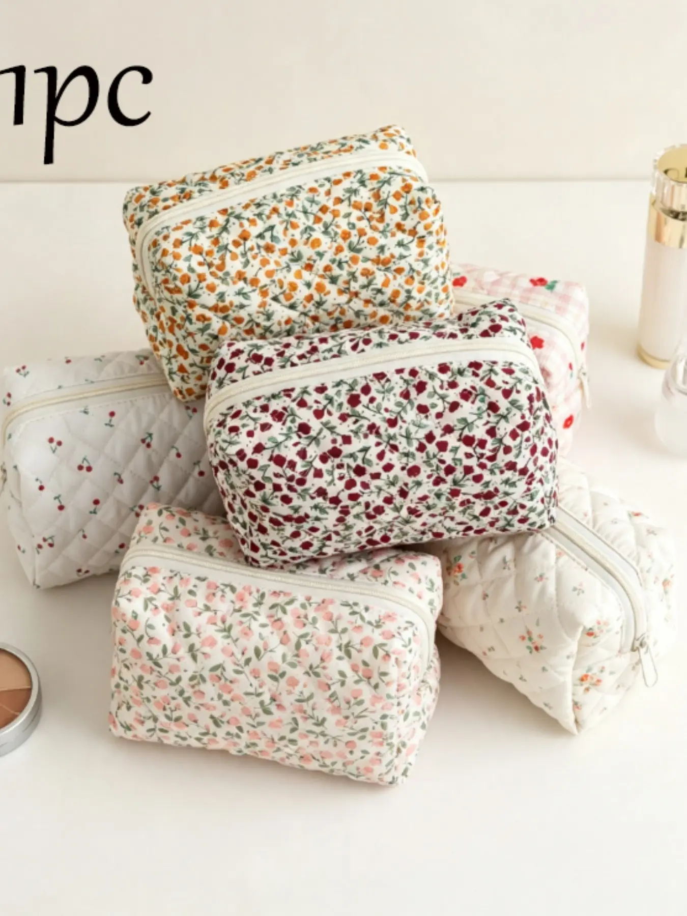 Garden Style Floral Quilted Makeup Bag, Portable Travel Cosmetic Pouch, Multi-Function Zipper Storage Bag, Ideal for School, Daily Use, Travel