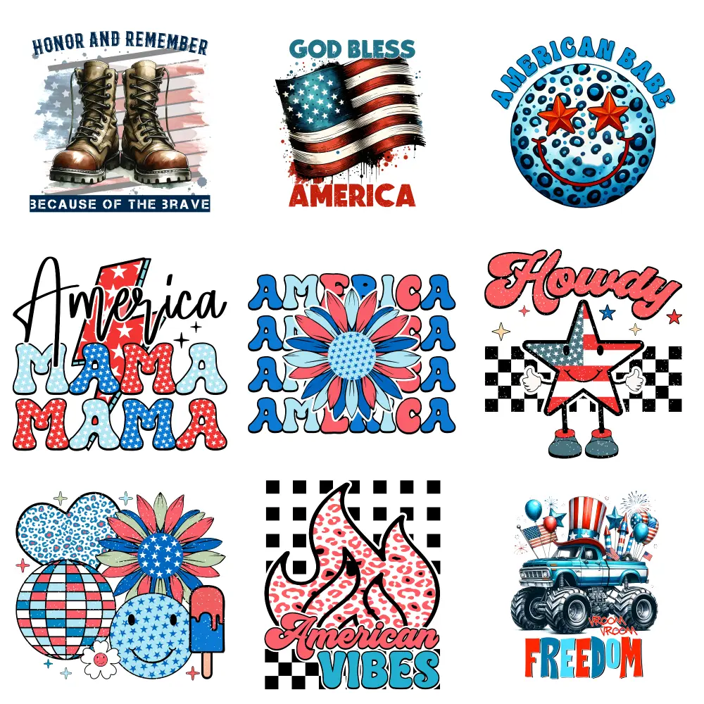 9-Pc Vintage Style Iron-On Transfers Kit - Patriotic American Flag, Star Spangled Symbols, Red White Blue Designs - Fabric Transfers for T-Shirts, Backpacks - Machine Wash Safe, Vintage Graphic Tees Accessory