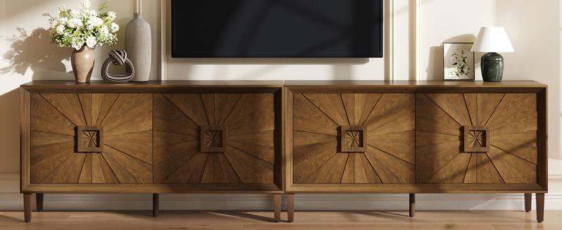 Sideboard Buffet Cabinet, 60" Large Accent Credenza Cabinet with Sunburst 4 Doors & Adjustable Shelf for Living Room, Rustic Brown Kitchen Buffet Table with Storage, TV Stand Media Console