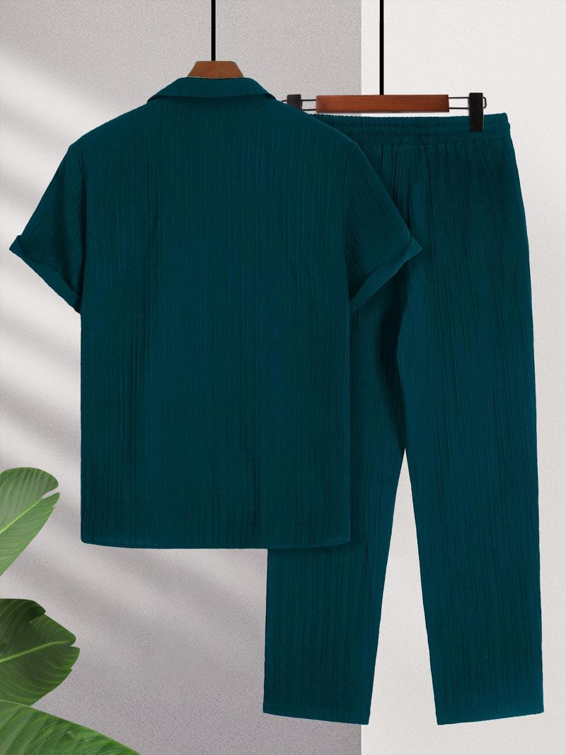 Men's Short Sleeve Shirt & Pants Two-Piece Set, Casual Button Top & Trousers for Summer, Men's Two-piece Set for Daily Wear, Matching Clothing Set