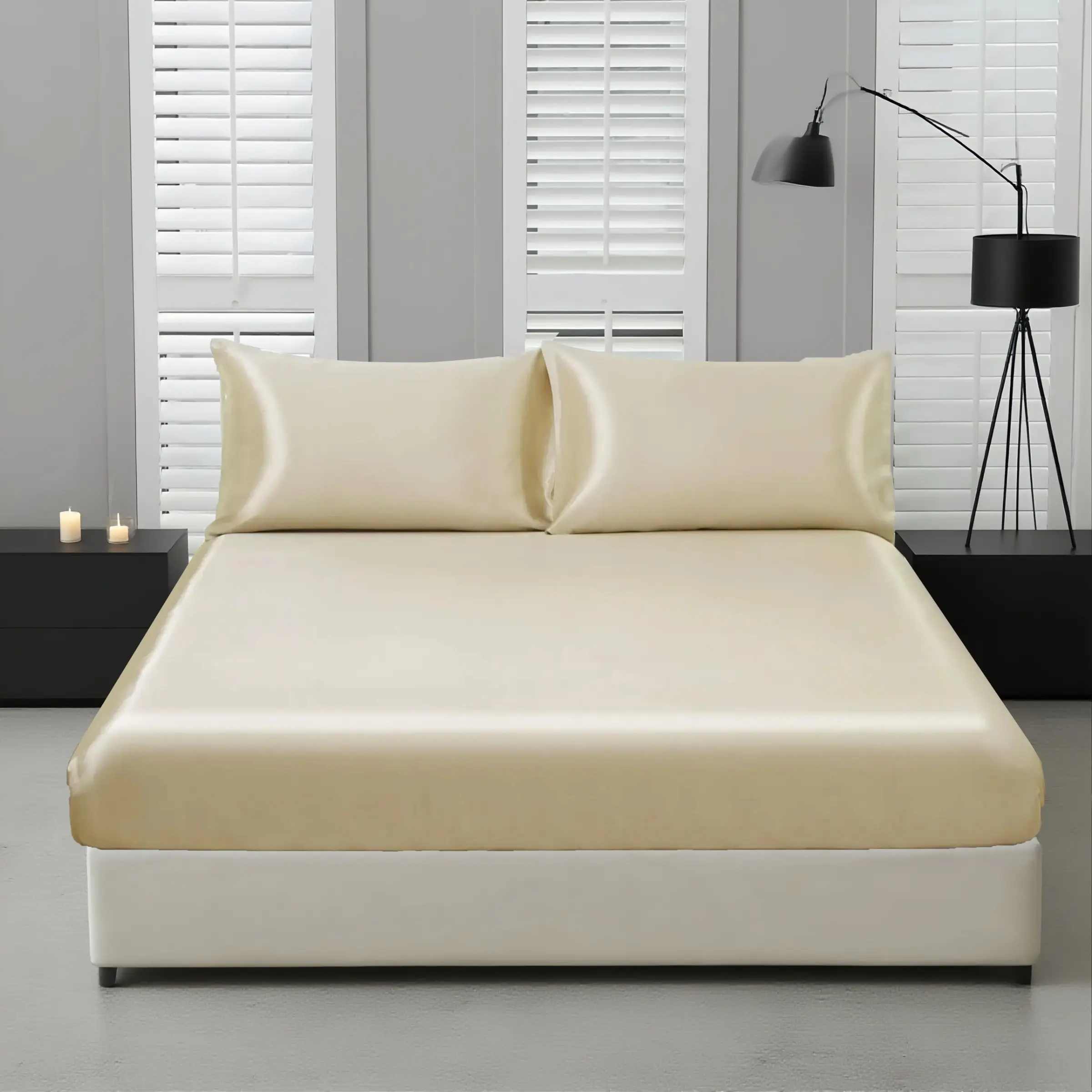 Luxurious Satin Solid Color Bedding Set, Champagne Color, 3-Piece Set Includes 1 Fitted Sheet + 2 Pillowcases, Soft Breathable Wrinkle-Resistant, King Size, Hotel Quality, Gift Idea