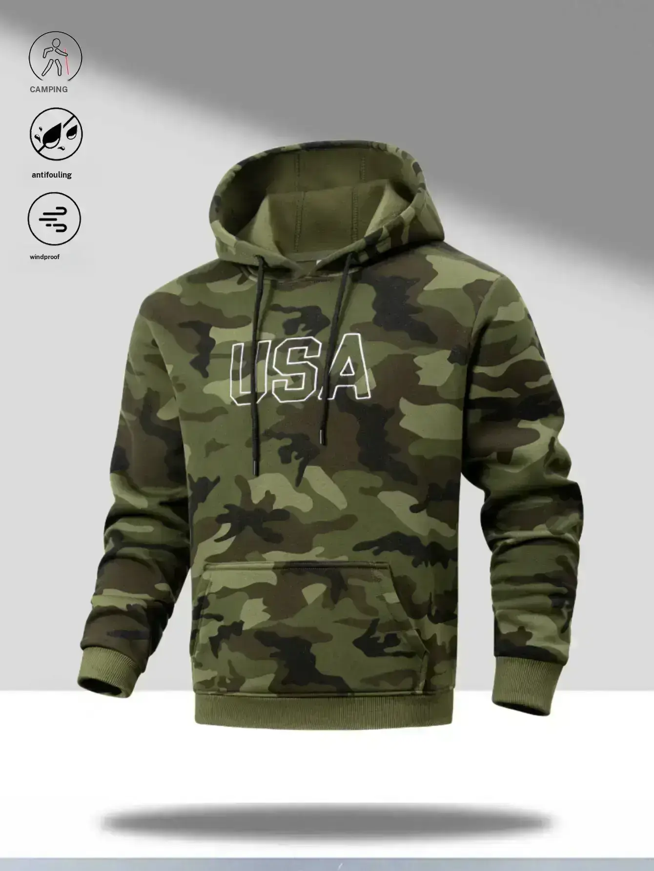 Men's Casual Fitted Pullover Hoodie with Camouflage Sleeves, USA Graphic Print and a Front Kangaroo Pocket