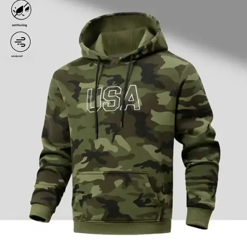 Men's Casual Fitted Cut Polyester Long Sleeve Hooded Neck Pullover Sweatshirt - USA Graphic, Camouflage Sleeves, Kangaroo Pocket, Adjustable Hood, Drawstring, Medium Length
