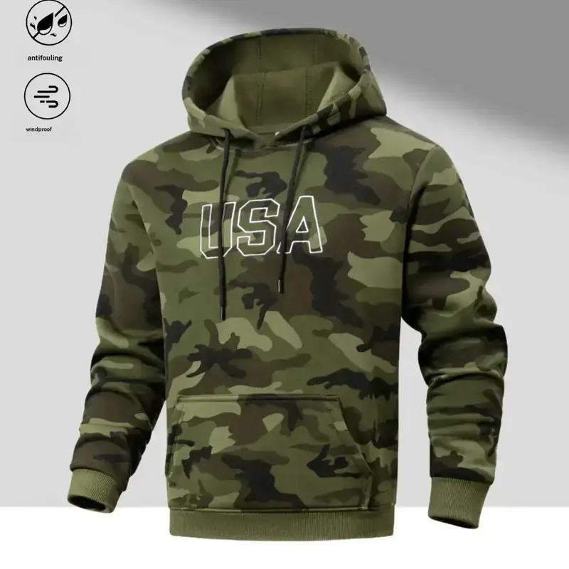 Men's Casual Fitted Cut Polyester Long Sleeve Hooded Neck Pullover Sweatshirt - USA Graphic, Camouflage Sleeves, Kangaroo Pocket, Adjustable Hood, Drawstring, Medium Length