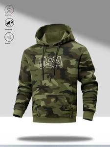 Men's Camo Hoodie Pullover Tops Fitted Long Sleeve Lettering Adjustable Drawstring, USA Print, Windproof, Antifouling, Large Pocket, for Outdoor Camping & City Style, Father's Day Gift, Lettering Men's Sweatshirts