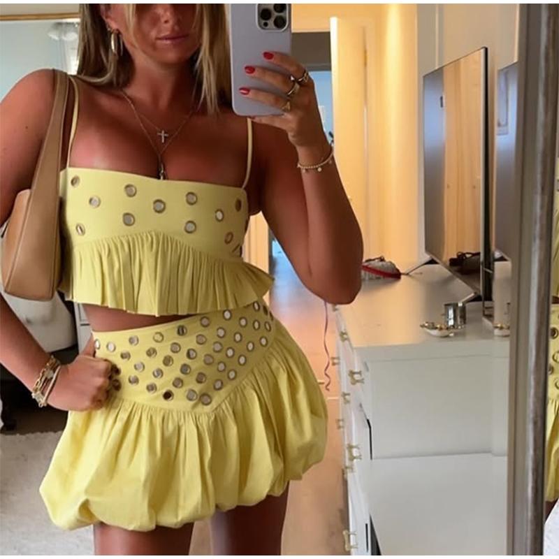 New2025Hollow Out Crop Tank Pleated Skirt Sets Women Ring Bead Strap Sleeveless Backless Vest A-line Skrits Suits Spring Street