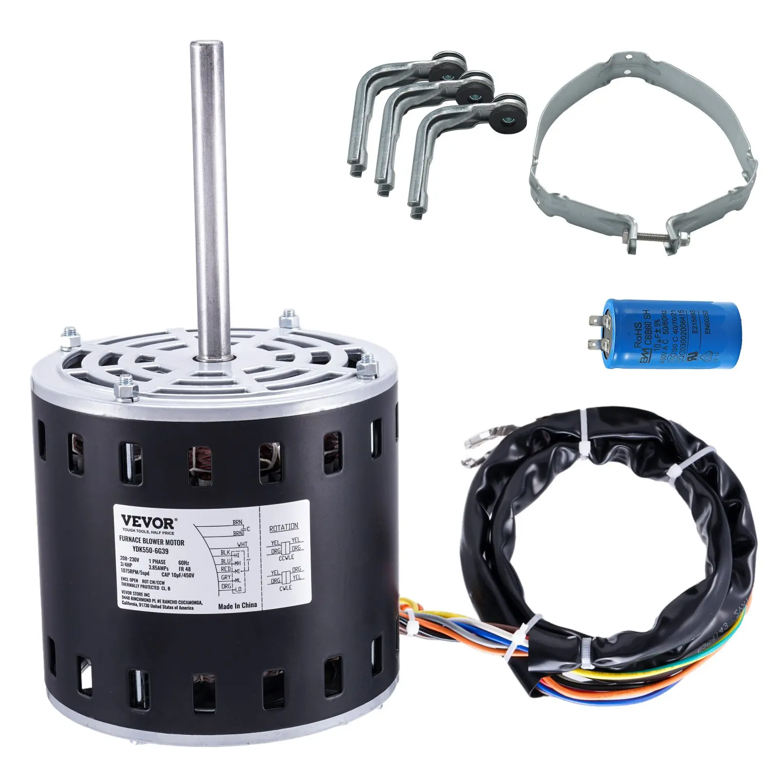 VEVOR 3/4HP Furnace Blower Motor, 208/230V 3.85Amps, 1075RPM 5 Speeds, CW/CCW Rotation, 48 Frame 4.8" Shaft Length, 10F/450V Capacitor+ 11" Hold Hoop