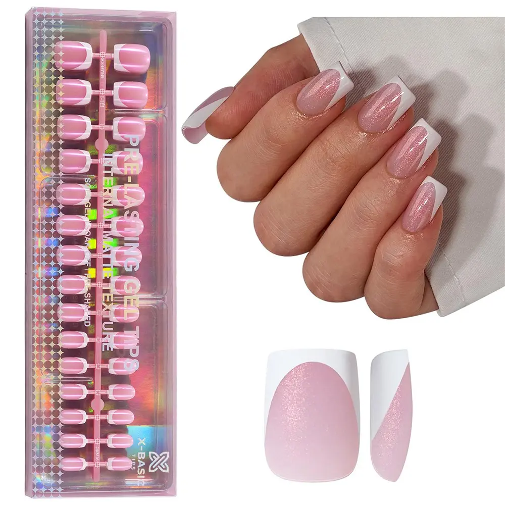 150pcs X-Basic Tips and French Pearl Shimmer Short Nails, Glossy Finish, Square Shape, Removable, Ideal for Daily Nail Art