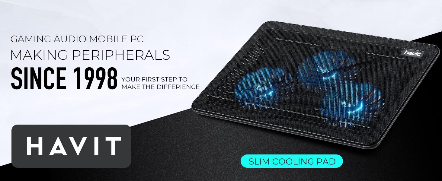 havit HV-F2056 15.6"-17" Laptop Cooler Cooling Pad - Slim Portable USB Powered (3 Fans), Black/Blue