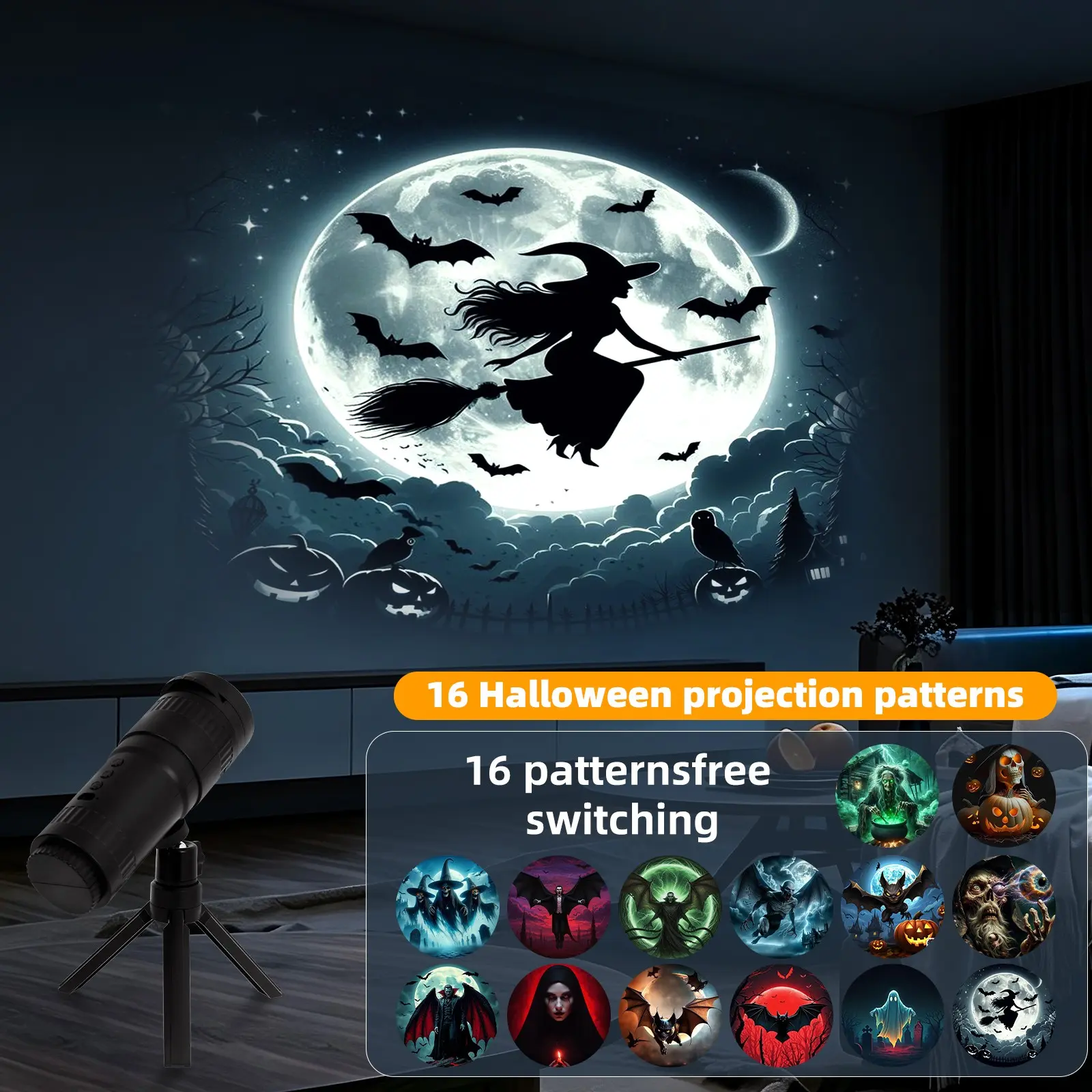 Rechargeable Halloween projection night light, 360° rotating projector with 16 interchangeable patterns—ideal for festive decoration on ceilings, walls, and at indoor Halloween parties.