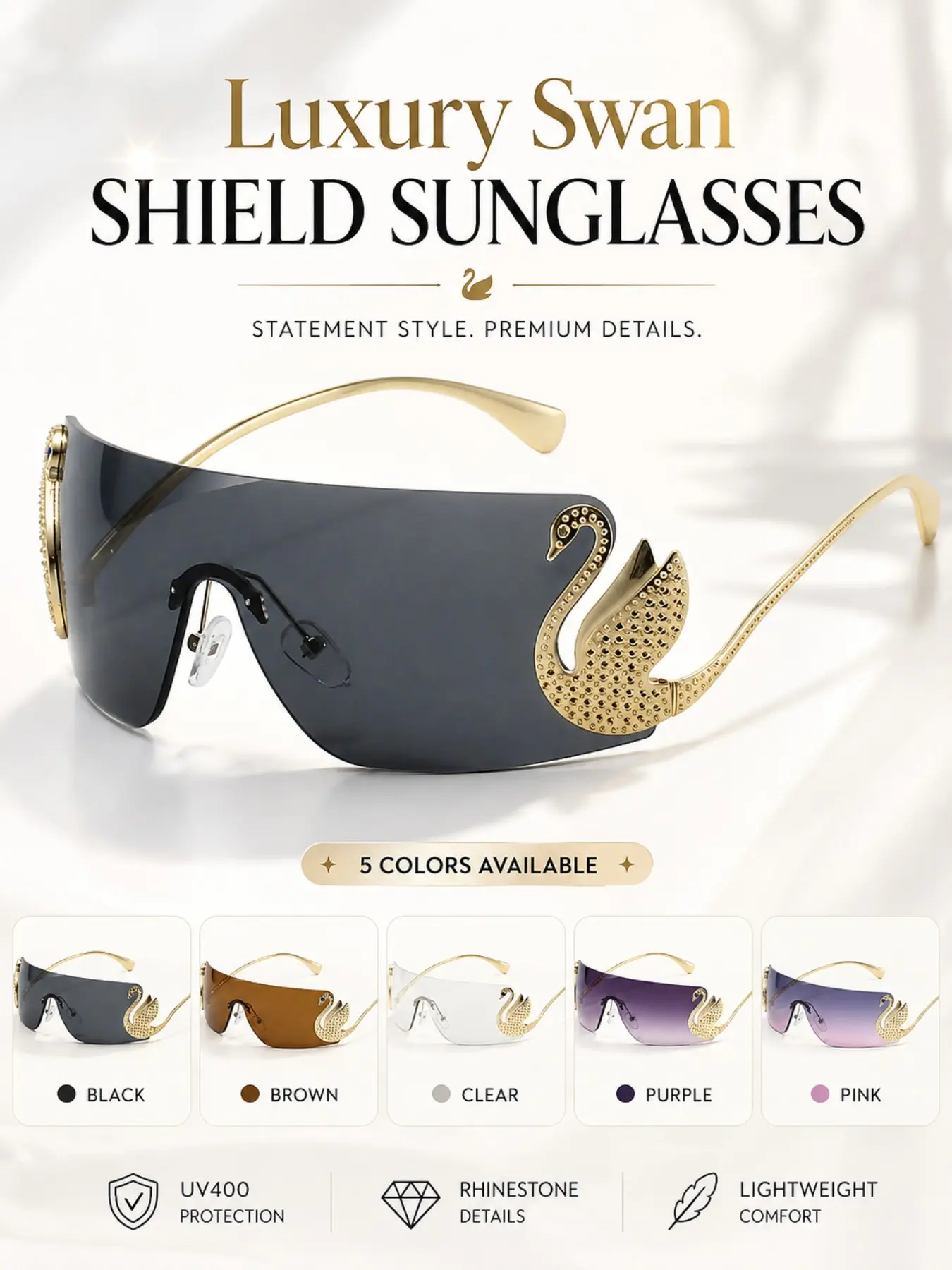 European and American Style Frameless Sunglasses for Women, Fashionable Rhinestone Swan Legged Shades, Trendy Unisex Eyewear, Rimless Shield Sunglasses