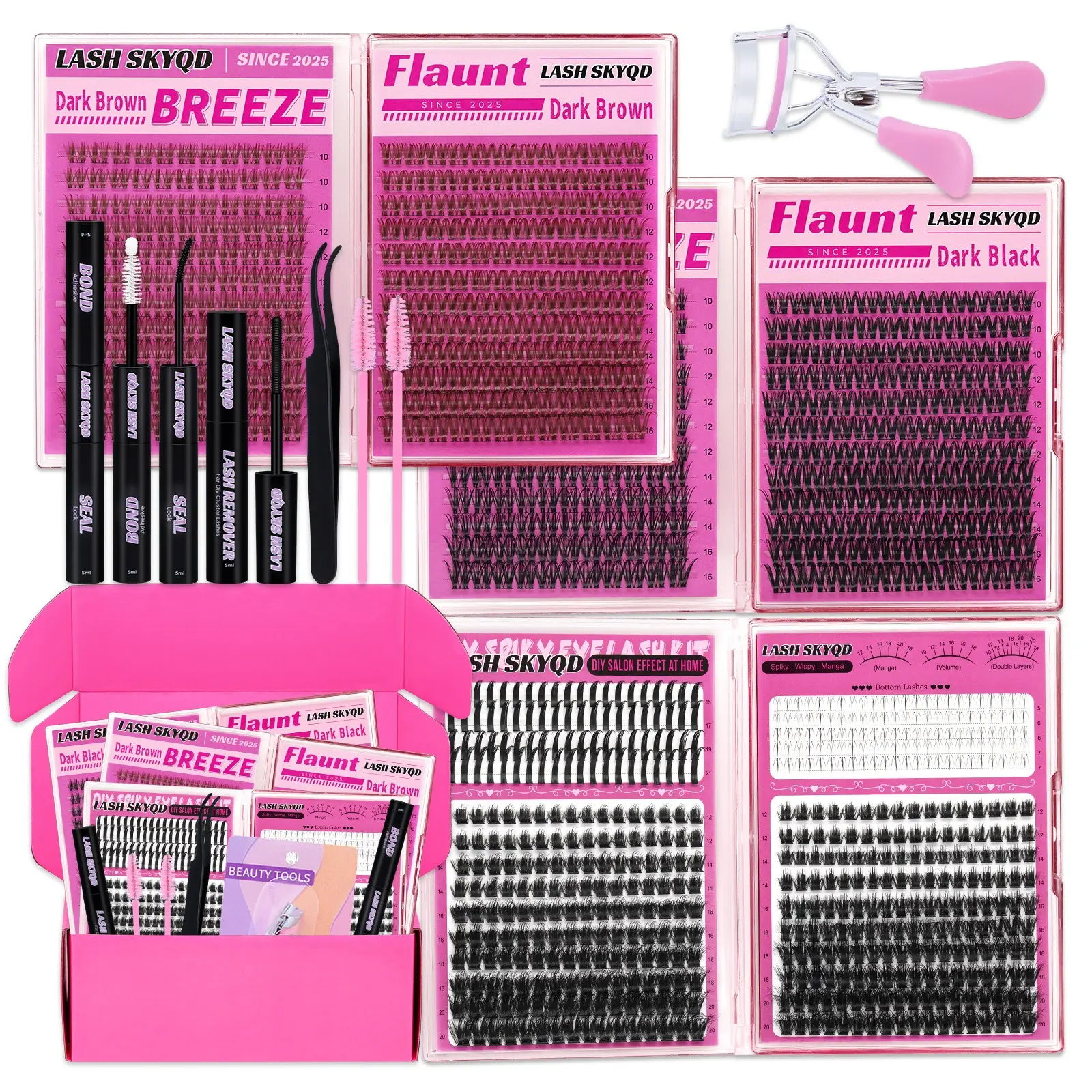 1024 Pcs D Curl Eyelash Clusters Set, Mixed 5-21mm 8 Styles Bottom/Spike/Wipsy/Mega Lashes Brown&Black Lashes, Kit with Bond&Seal Remover Tweezers Eyelash Curler Lash Brush, DIY at Home Easily, Easy Apply for Makeup Daily