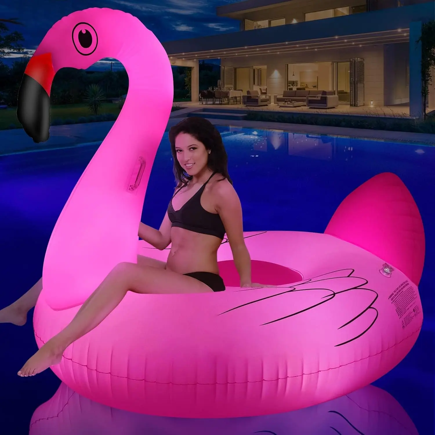 Giant 69-inch Solar Powered Inflatable Flamingo Pool Float for Adults with LED Color Changing Lights and Cup Holder – Lake Lounger Floatie