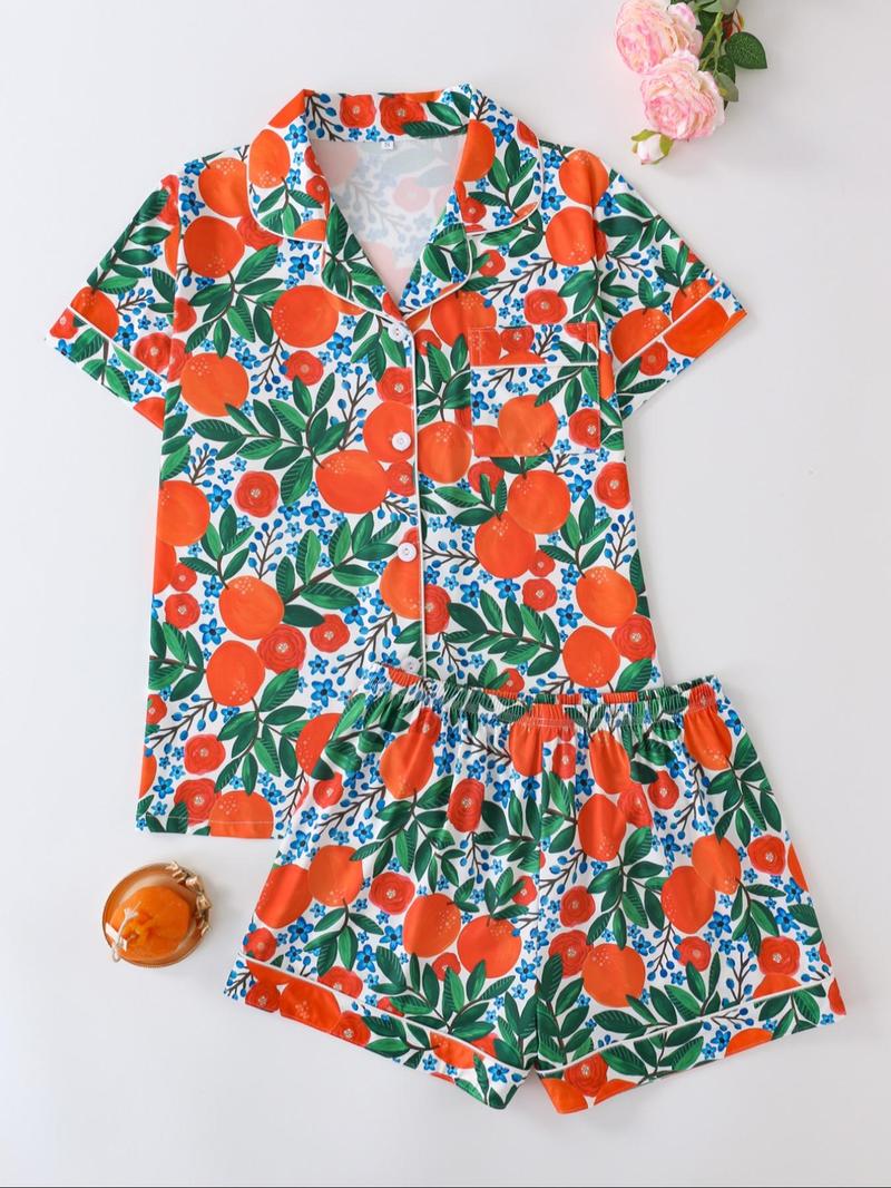 Women's All Over Print Pajamas Set, Button-up Short Sleeve Top & Elastic Shorts, Comfortable Summer Loungewear, Lady Elegant Nightwear, Womenswear, Casual Pajama Sets