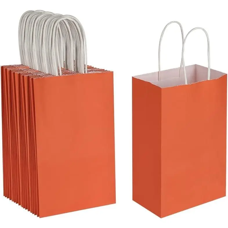 50-Pack Rectangular Orange Kraft Paper Bags with Handles, Open Back, Flat Base, Pre-Assembled (5.25x3.25x8.25 in) for Party Favors, Retail Shopping