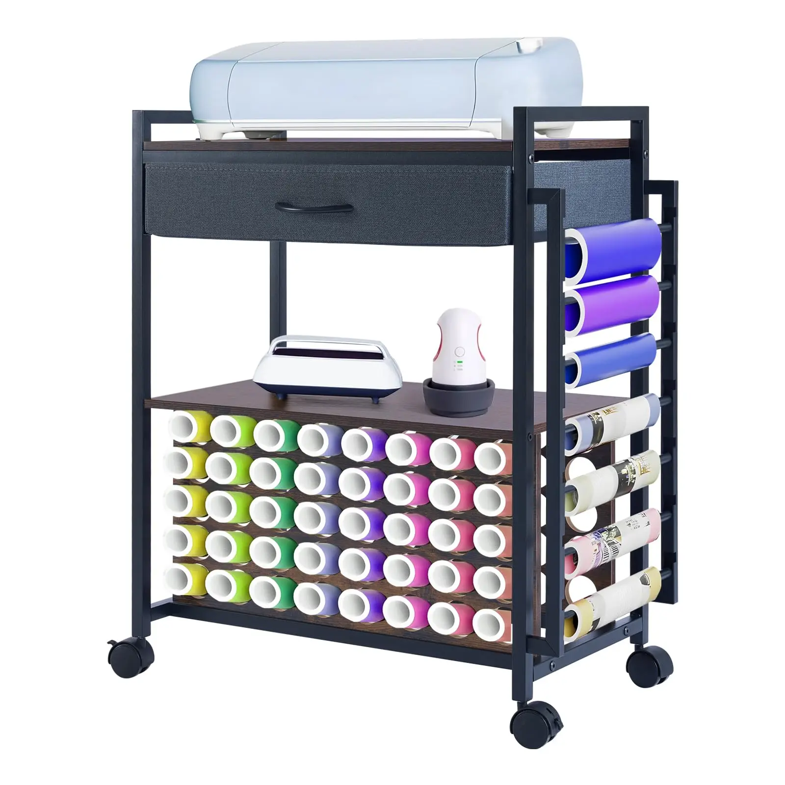 Craft Cart for Cricut movable Storage Organization, Craft Storage Cart with 47 Vinyl Roll Holder and Drawer Compatible with Cricut Cutting Machine, Mobile Storage Table for Crafting Tools and Accessories， multi-layer organizer