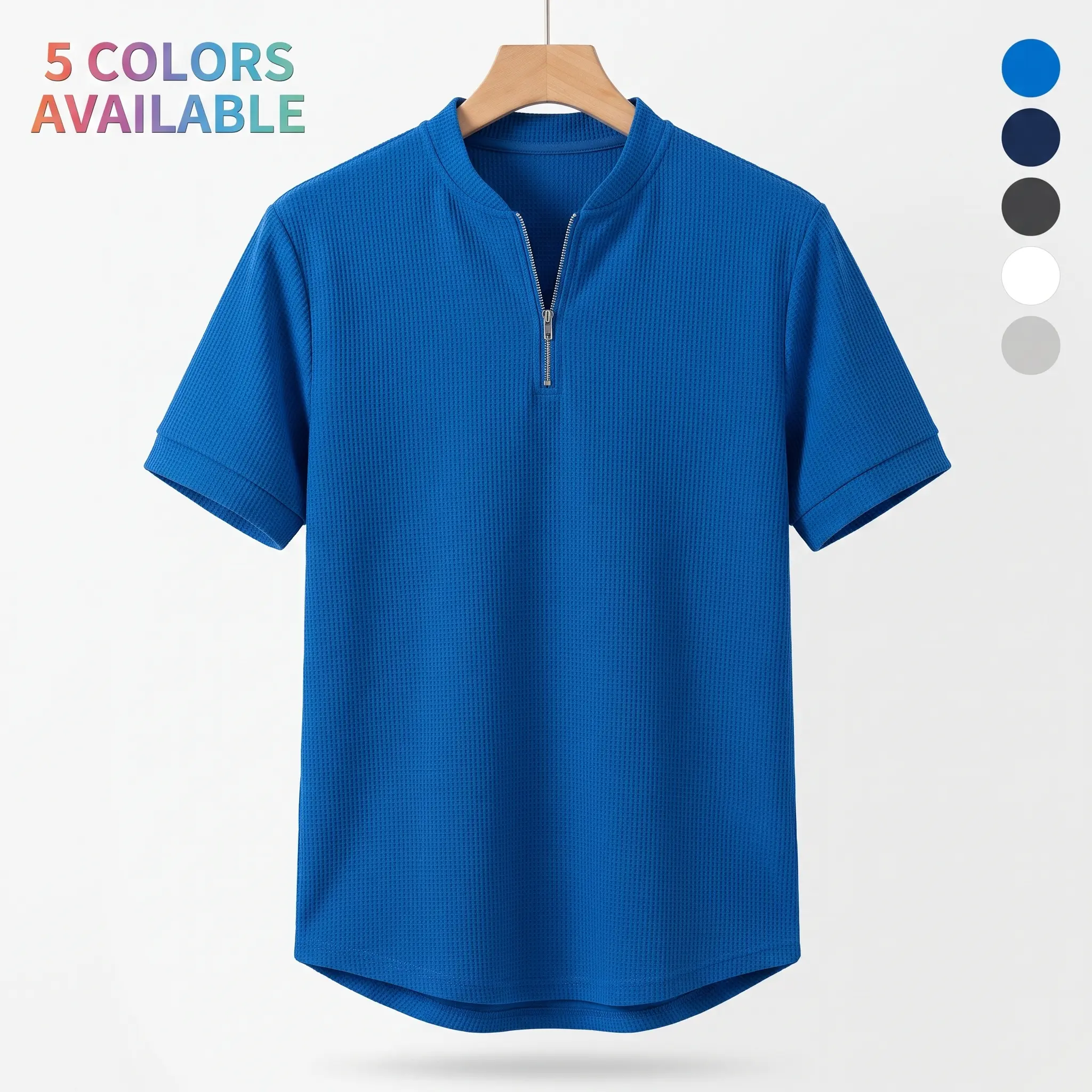 Men's Waffle Knit Quarter-Zip Polo Shirt - Plain Short Sleeve, Stand Collar, Soft & Breathable, Machine Washable, Regular Fit, Normal Type, Street Smart Casual Golf Top, Ideal for Blue Collar Men Gifts (S Size), Basic