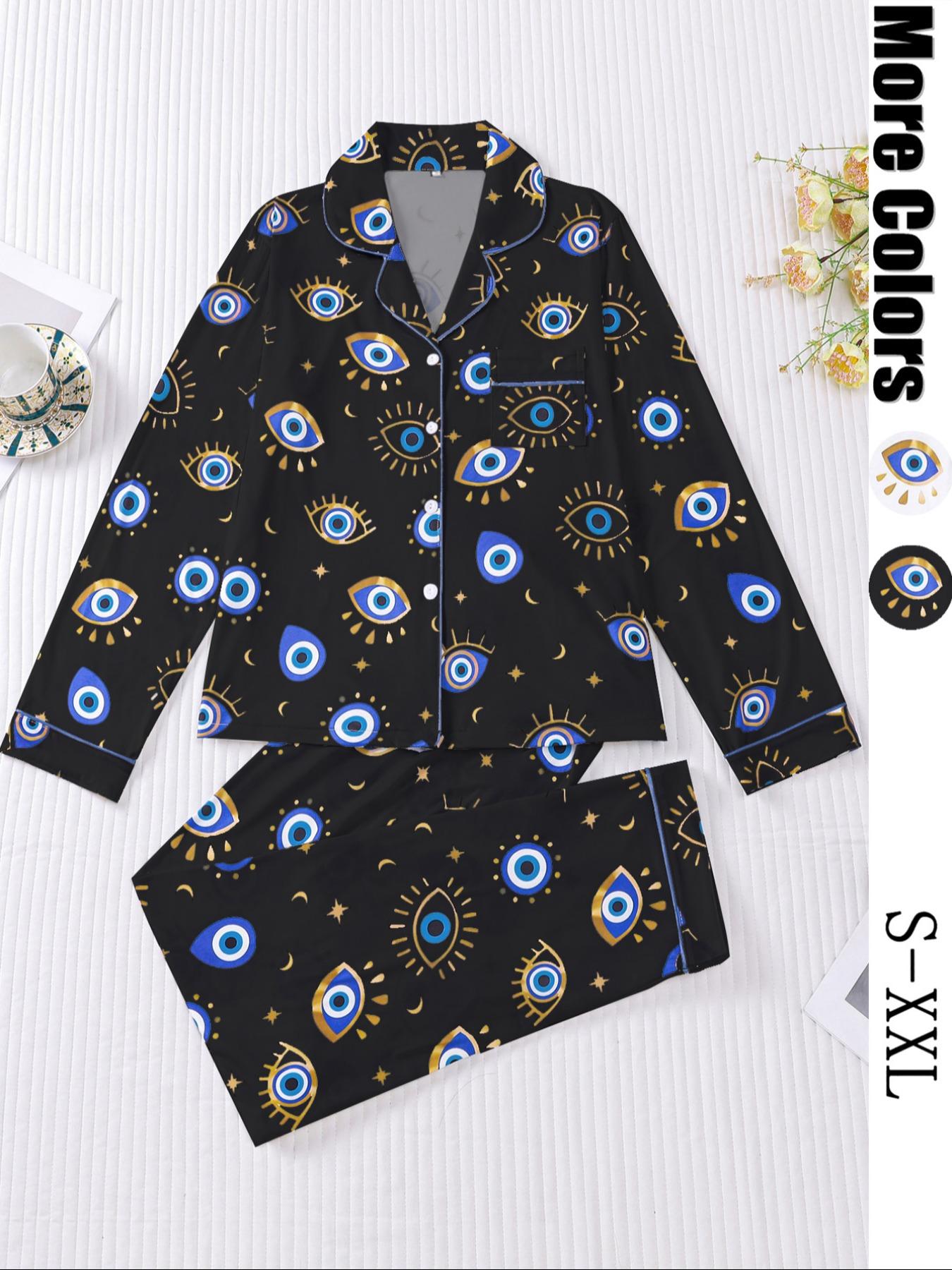 Women's Pajama Set, Long Sleeve Button Front Shirt & Elastic Pants, Comfortable Sleepwear & Loungewear for All Seasons, Casual Home Wear