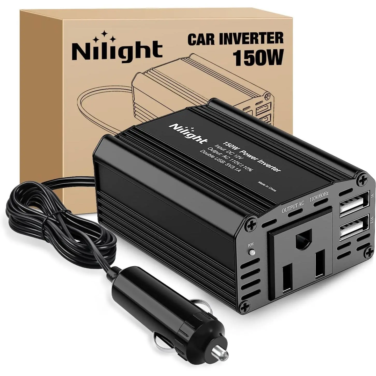 Nilight Aluminum Alloy 1x150W 12V DC to 110V AC Car Power Inverter - Automobile Adapter Converter with Advanced Technology Smart Silent Cooling Fan, 3.1A Dual USB Fast Charging Ports & 1 AC Outlet for Phones, Laptops, Black