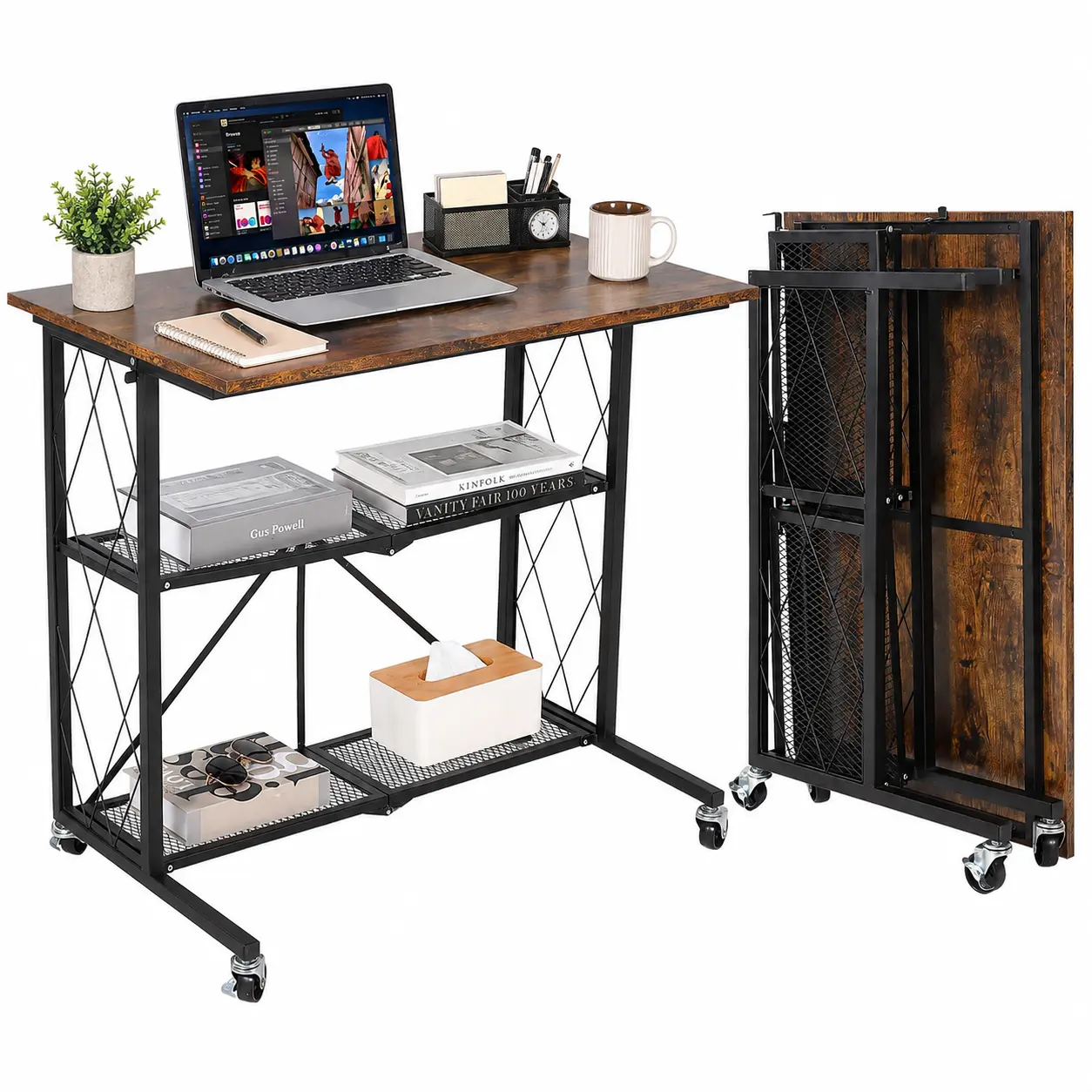 Garvee 31.5" No-Assembly Folding Computer Desk with Wheels, 3-Tier Shelf Rolling Mobile Workstation, Space-Saving Collapsible Study Table - Heavy Duty Metal Frame, Mesh Storage Shelves for Home Office, Small Spaces - Rustic Brown Wood Top