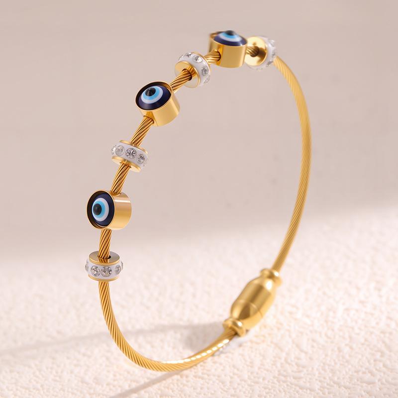 Evil Eye Charm Bracelet for Women – Stainless Steel PVD Gold Plated with Sparkling Rhinestones & Enamel Details, Waterproof Durable Bangle, Trendy Boho Statement Jewelry Perfect for Daily Wear, Parties & Gift Giving