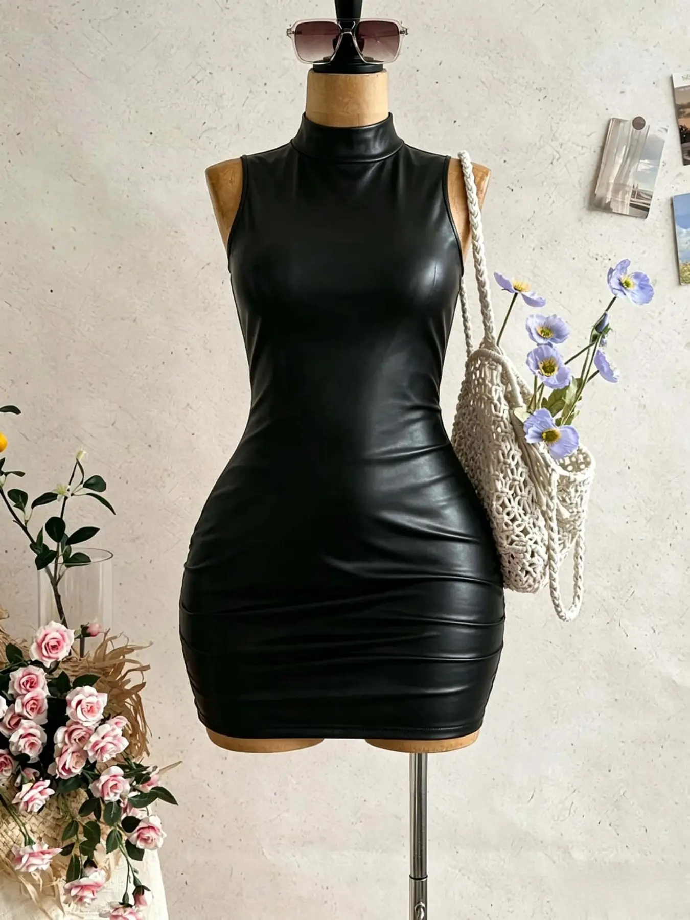 Cool Half-Neck Sleeveless PU Leather Dress, Women's Waist Side Pleated Tight Fit Mini Skirt, Sexy Bodycon Short Dress