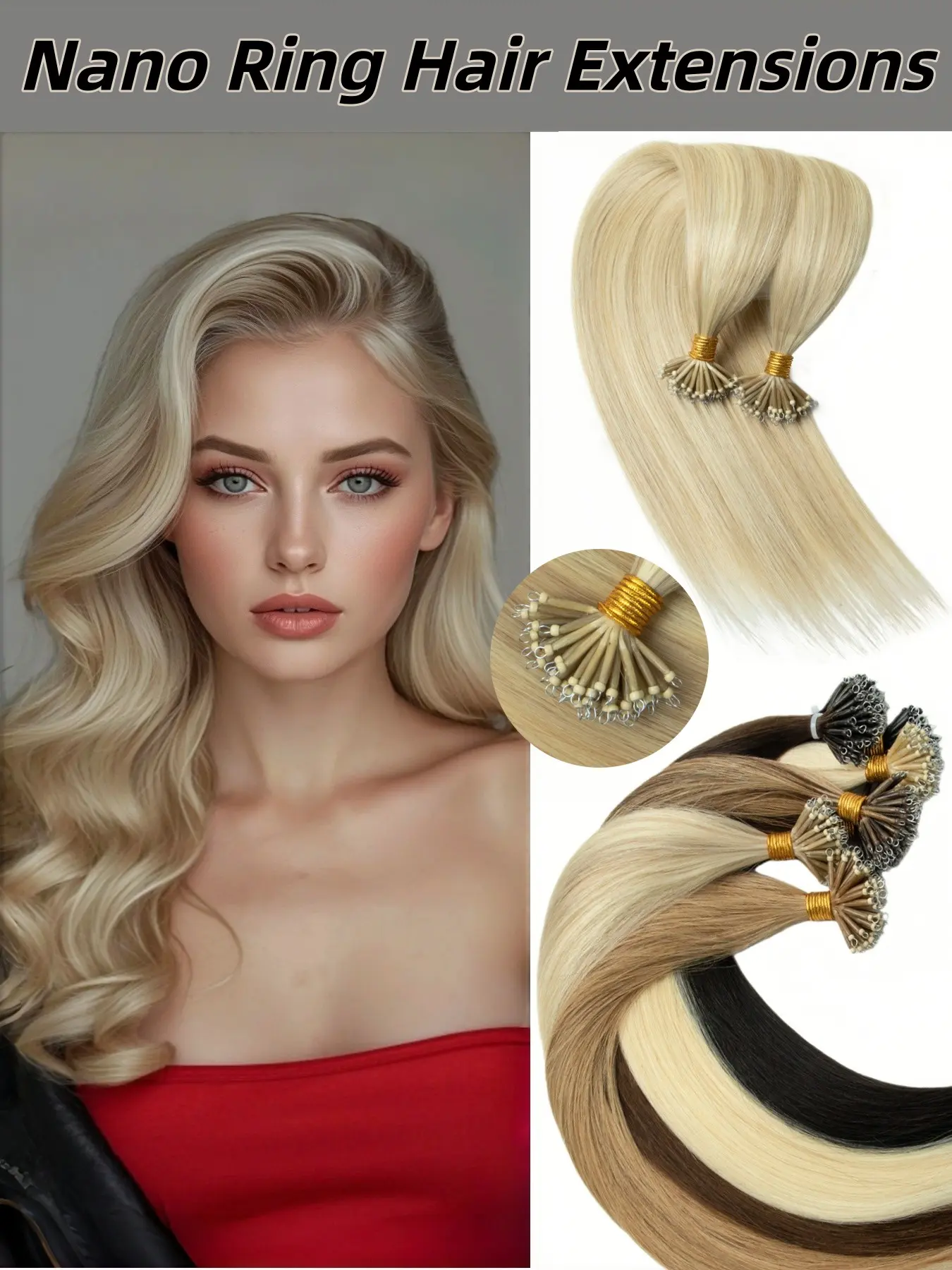 50 Strands Nano Ring Straight Hair Extensions, Hairpieces, Real Human Hair, Pre-Bonded, Blonde, Highlights, 12-22 Inch