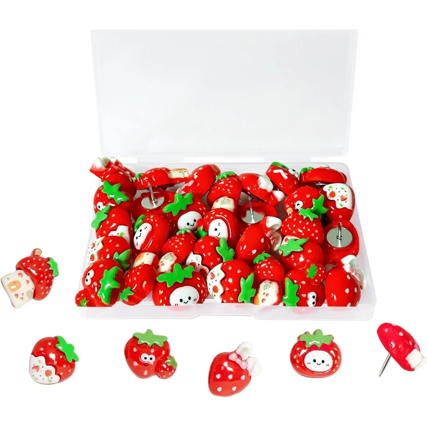 30 count Cute Push Pins, Five  Strawberry Themed Thumbtacks,  for Advertising Decoration Push Pins, Suitable for Photo Wall Nails, Soft  Board Paper, Featured Wall Whiteboards