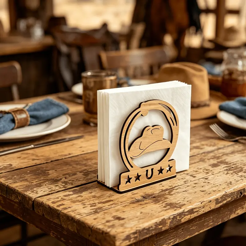 western cowboy napkin holder, cowboy hat wooden napkin dispenser, rustic ranch table napkin rack, wild west farmhouse kitchen decor, country western saloon table accessory, cowboy lover western home gift, star cutout wood napkin stand